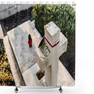 Personality  LVIV, UKRAINE - OCTOBER 23, 2019: High Angle View Of Polish Tomb With Stone Cross In Lychakiv Cemetery In Lviv, Ukraine Shower Curtains