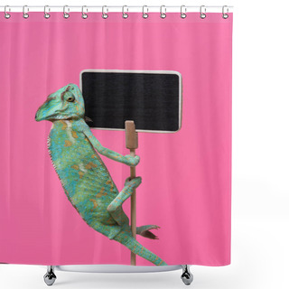 Personality  Cute Colorful Chameleon Crawling On Blank Board Isolated On Pink  Shower Curtains