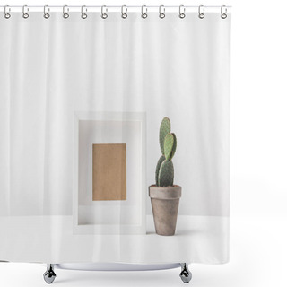 Personality  Beautiful Green Potted Cactus And Empty Photo Frame On White  Shower Curtains