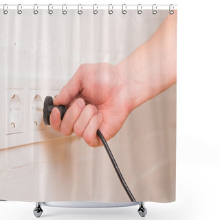 Personality  Pull The Plug Concept With Man Pulling Black Cord And Plug Shower Curtains