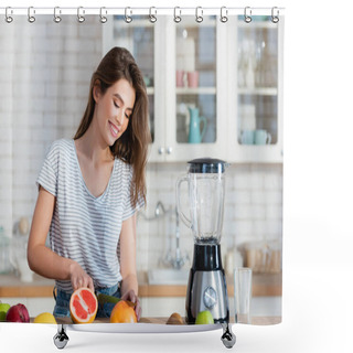 Personality  Happy Woman Cutting Fresh Fruits Near Blender In Kitchen Shower Curtains