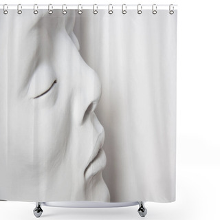 Personality  Portrait Of A White Face On A White Background. Detail Of Sculpture With Closed Eyes. Shower Curtains