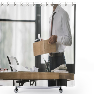 Personality  Cropped View Of Dismissed Businessman Holding Wooden Box In Modern Office  Shower Curtains