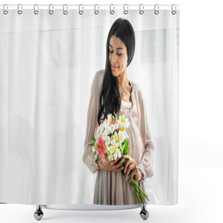 Personality  Smiling Pregnant African American Woman Holding Bouquet In Apartment Shower Curtains