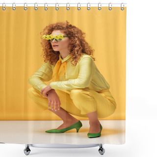 Personality  Stylish Redhead Woman In Sunglasses With Flowers Sitting On Yellow  Shower Curtains