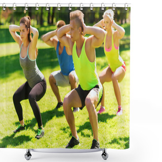 Personality  Group Of Friends Or Sportsmen Exercising Outdoors Shower Curtains