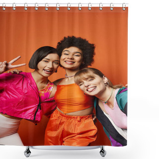 Personality  A Diverse Group Of Women Stand Shoulder To Shoulder, Showcasing Beauty And Strength Against A Vivid Orange Background. Shower Curtains