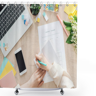 Personality  Cropped View Of Woman Sitting Behind Wooden Table With Smartphone, Laptop And Stationery, Writing In Notepad Shower Curtains