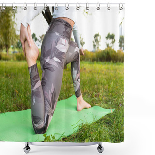 Personality  Close-up Of Girl's Legs While Doing Yoga In The Park Shower Curtains