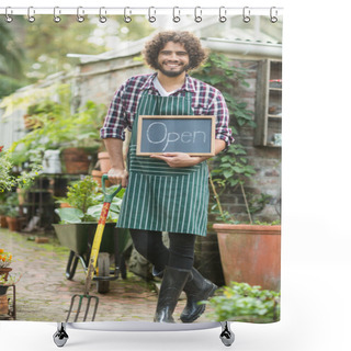 Personality  Male Gardener With Open Sign Holding Gardening Fork Shower Curtains