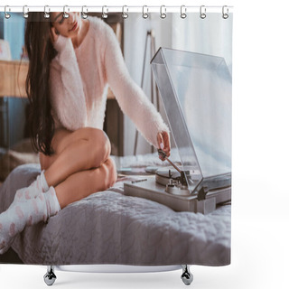 Personality  Selective Focus Of Girl Sitting On Bed And Turning On Vinyl Audio Player At Home Shower Curtains