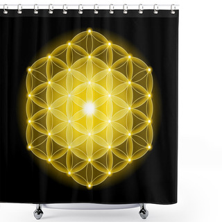 Personality  Golden Cosmic Flower Of Life With Stars On Black Background Shower Curtains