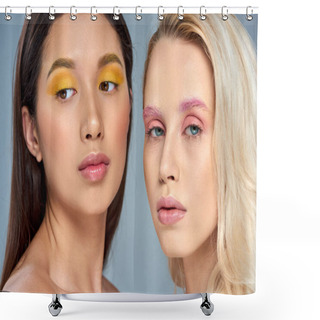Personality  Multicultural Women With Vibrant Eye Makeup Posing Together On Blue Backdrop, Expressive Eyes Shower Curtains