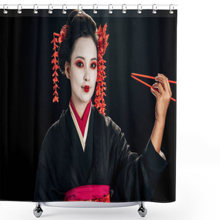 Personality  Cheerful Beautiful Geisha In Black Kimono With Red Flowers In Hair Holding Chopsticks Isolated On Black Shower Curtains