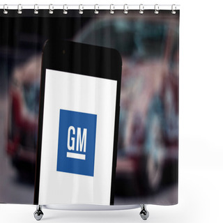 Personality  May 30, 2019, Brazil. In This Photo Illustration The General Motors (GM) Logo Is Displayed On A Smartphone. Shower Curtains