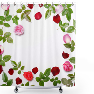 Personality  Flat Lay - Frame Made Of Beautiful Fresh Roses Petals And Leaves Shower Curtains