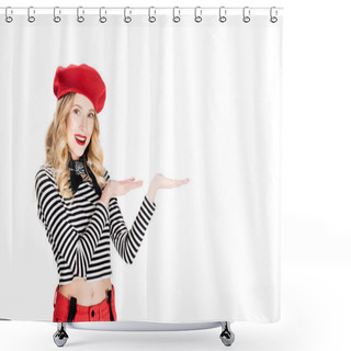 Personality  Attractive Woman In Red Beret Showing Something Isolated On White  Shower Curtains