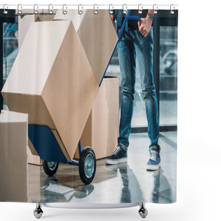 Personality  Close-up View Of Delivery Man Carrying Boxes On Cart Shower Curtains