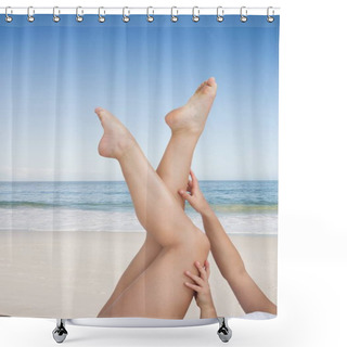 Personality  Woman Touching Her Legs  Shower Curtains