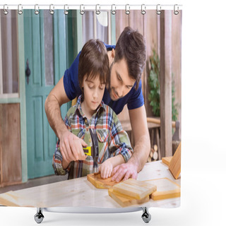 Personality  Father And Son In Workshop  Shower Curtains