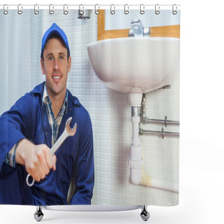 Personality  Happy Plumber Holding Wrench Sitting Next To Sink Shower Curtains