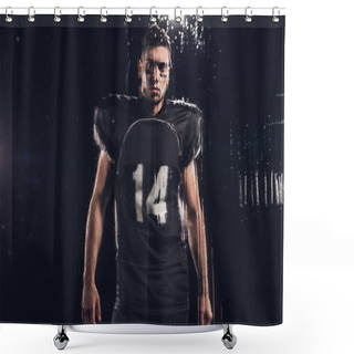 Personality  View Of Young American Football Player Looking At Camera On Black Through Wet Glass Shower Curtains