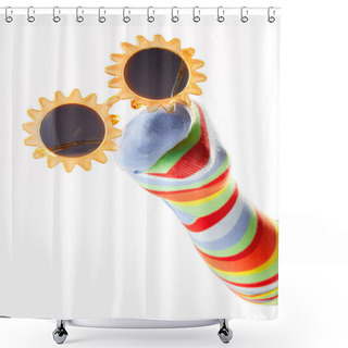 Personality  Happy Colorful Sock Puppet Wearing Sunglasses Isolated On White Background Shower Curtains