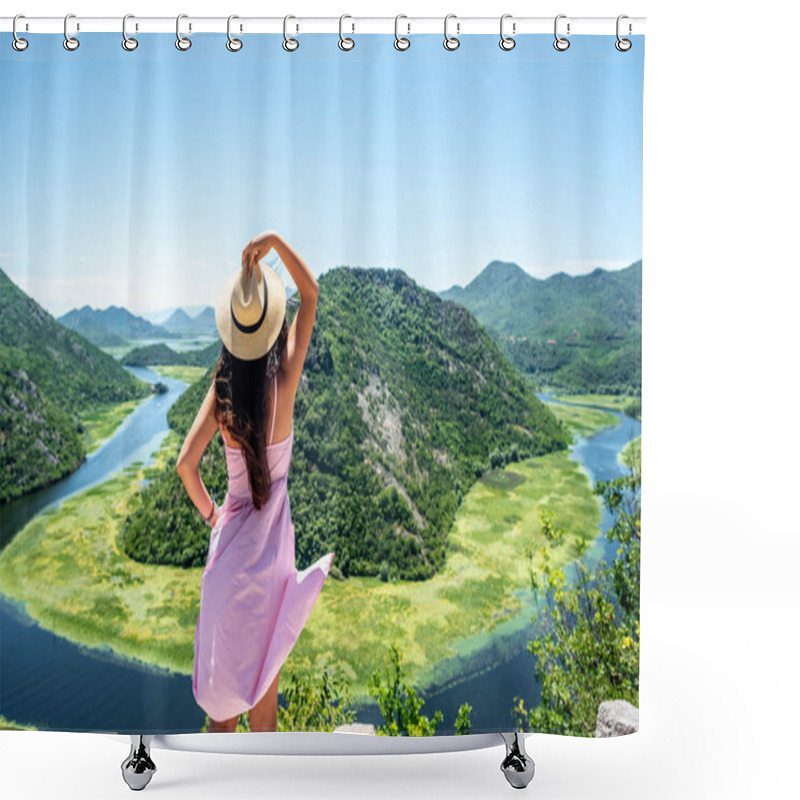 Personality  Rear View Of Woman In Pink Dress And Hat Standing Near Crnojevica River (Rijeka Crnojevica) In Montenegro Shower Curtains