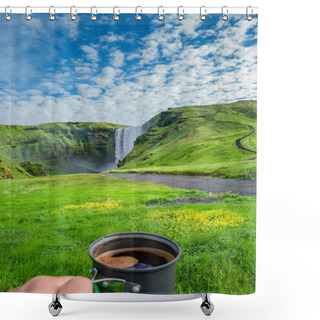 Personality  Making Morning Coffee In Front Of Famous Skogarfoss Waterfall, W Shower Curtains