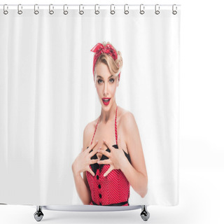 Personality  Beautiful Young Woman In Pin Up Dress Gesturing By Hands And Looking At Camera Isolated On White Shower Curtains