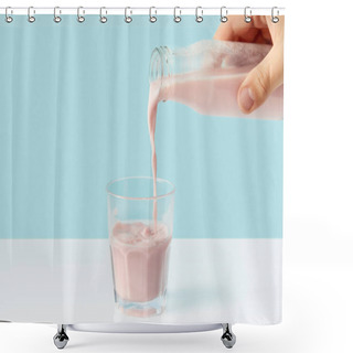Personality  Cropped Shot Of Man Pouring Strawberry Milkshake Into Glass From Bottle On Blue Background  Shower Curtains