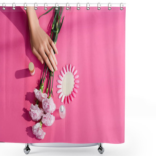 Personality  Top View Of Female Hands Near Bottles With Nail Varnish And Cuticle Remover, Carnation Flowers And Palette Of Fake Nails On Pink Background Shower Curtains