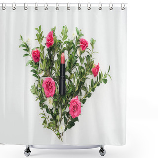 Personality  Top View Of Lipstick On Flowers Composition On White Background Shower Curtains
