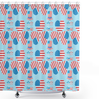 Personality  Seamless Background Pattern With Mustache, Glasses, Hats And Hearts Made Of American Flags On Blue  Shower Curtains