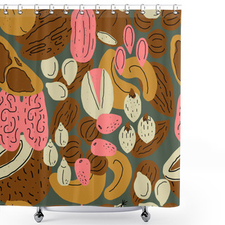 Personality  Nuts And Seeds Seamless Pattern.Background Made From Hand Drawn Vector Elements. Set Of Food Objects For Package, Merch And Other Design. Shower Curtains