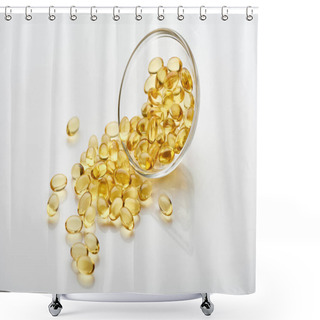 Personality  Golden Fish Oil Capsules In Glass Bowl On White Background Shower Curtains
