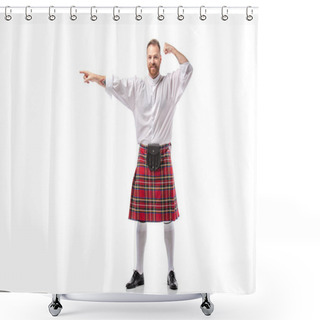 Personality  Happy Scottish Redhead Man In Red Kilt Pointing With Finger Aside On White Background Shower Curtains