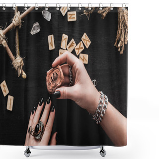 Personality  Top View Of Witch Near Runes And Crystals On Black  Shower Curtains