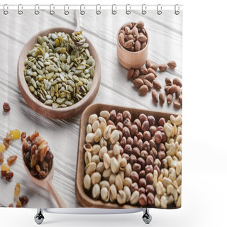 Personality  Assorted Delicious Nuts And Raisins In Wooden Plates And Spoon Shower Curtains