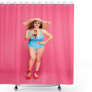 Personality  Full Length View Of Woman In Swimsuit And Wicker Hat Drinking Refreshing Beverage Isolated On Pink  Shower Curtains