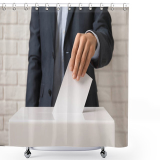 Personality  Man Putting His Vote Into Ballot Box Against Brick Wall, Closeup Shower Curtains