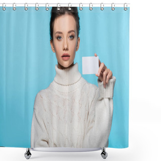 Personality  Young Woman In Knitted Sweater Holding Blank Card And Looking At Camera Isolated On Blue Shower Curtains