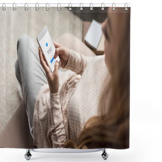 Personality  Cropped Shot Of Woman On Couch Using Smartphone With Messenger App On Screen Shower Curtains