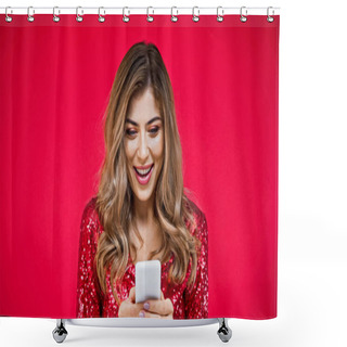 Personality  Amazed Woman With Wavy Hair Texting On Smartphone Isolated On Red Shower Curtains