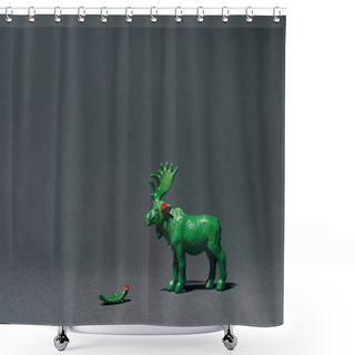 Personality  Green Toy Moose With Horn On Grey Background, Hunting For Horns Concept Shower Curtains