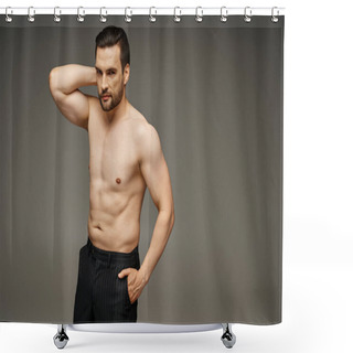 Personality  Portrait Of Brunette Handsome Man With Bare Chest Posing With Hand In Pocket On Grey Background Shower Curtains