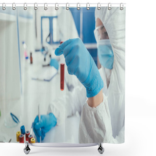 Personality  Selective Focus Of Biochemist Writing While Holding Test Tube With Blood Sample Shower Curtains