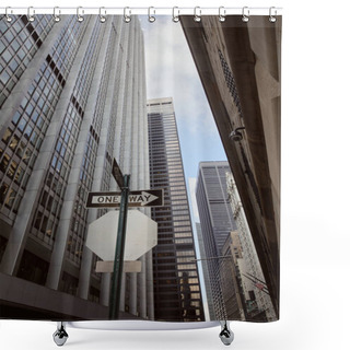 Personality  Low Angle View Of One Way Road Sign Near Modern Buildings And Skyscrapers In New York City Shower Curtains