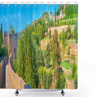 Personality  Panorama From Alhambra Rampart With A View On Towers And Sun Hill (Cerro Del Sol) With Ornamental Generalife Gardens, Granada, Spain Shower Curtains