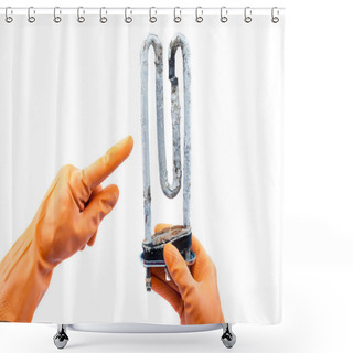 Personality  Damaged Heating Element Of The Washing Machine In Hand With Rubb Shower Curtains